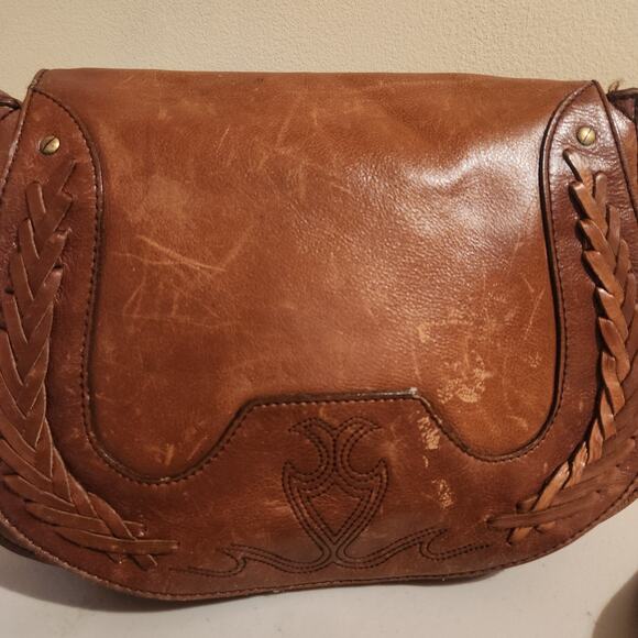 COLE HAAN Sierra Lasercut Brown Leather Crossbody Purse Distressed Boho Chic Bag - Picture 2 of 9